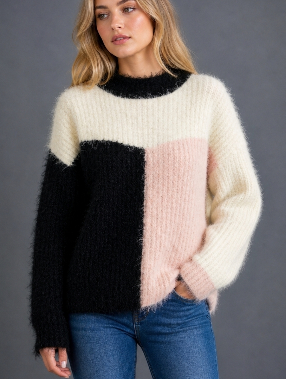 Y2K Color Block Chenille Oversized Shaggy Eyelash Sweater
